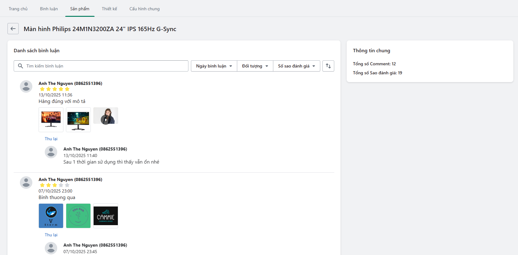 Danh sách bình luận của một sản phẩm