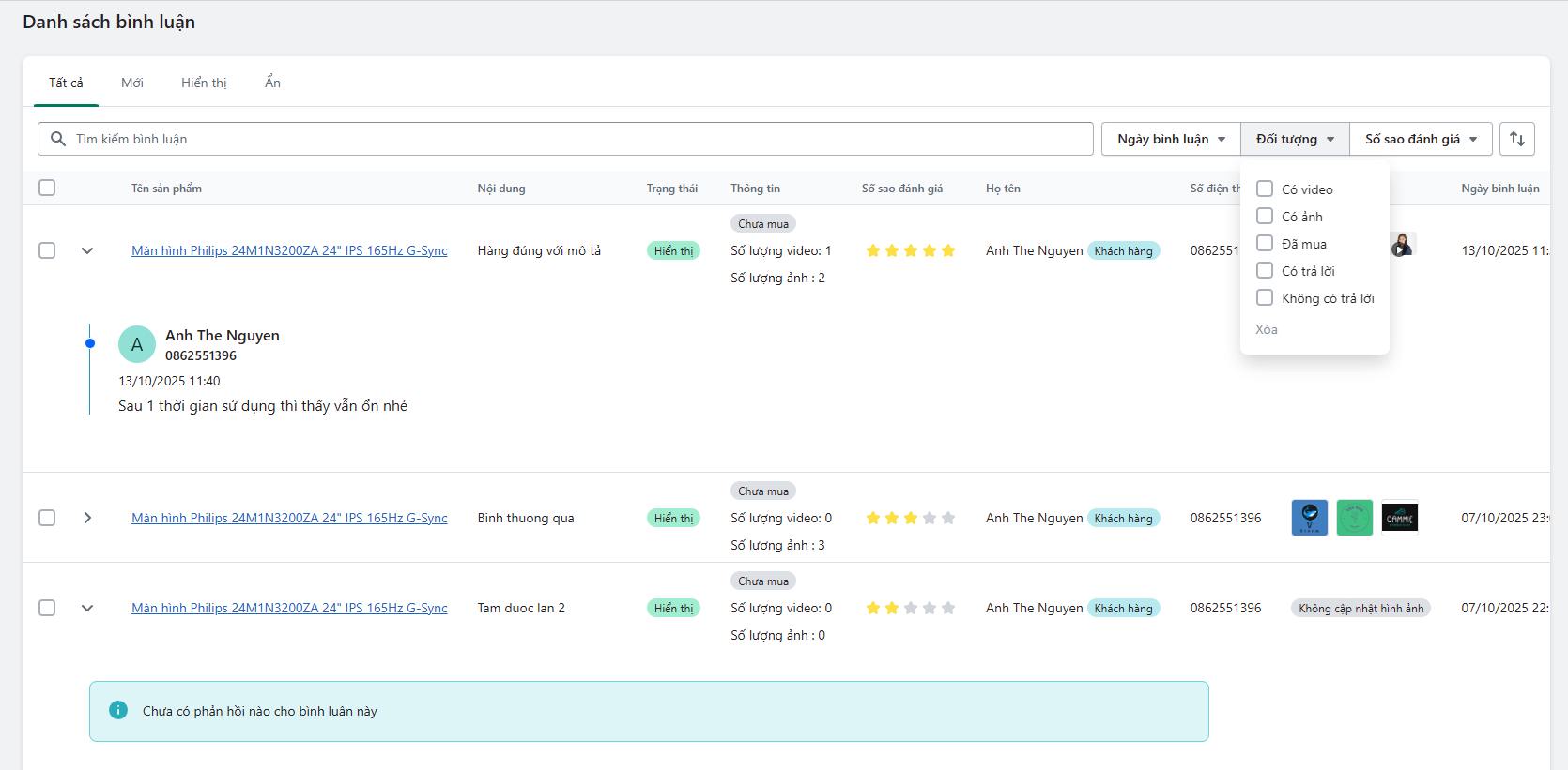 Danh sách bình luận của khách hàng