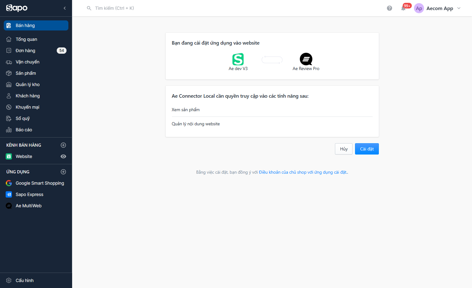 Xác nhận cài đặt ứng dụng trong Sapo admin
