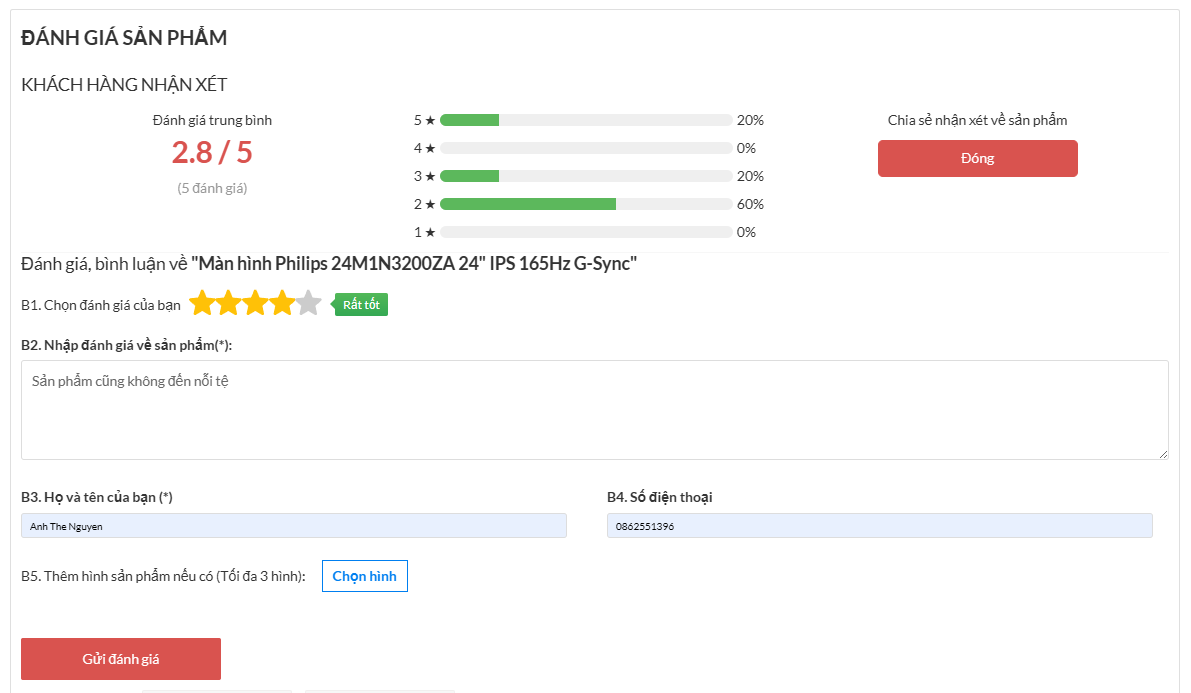 Mẫu form gửi đánh giá sản phẩm 02