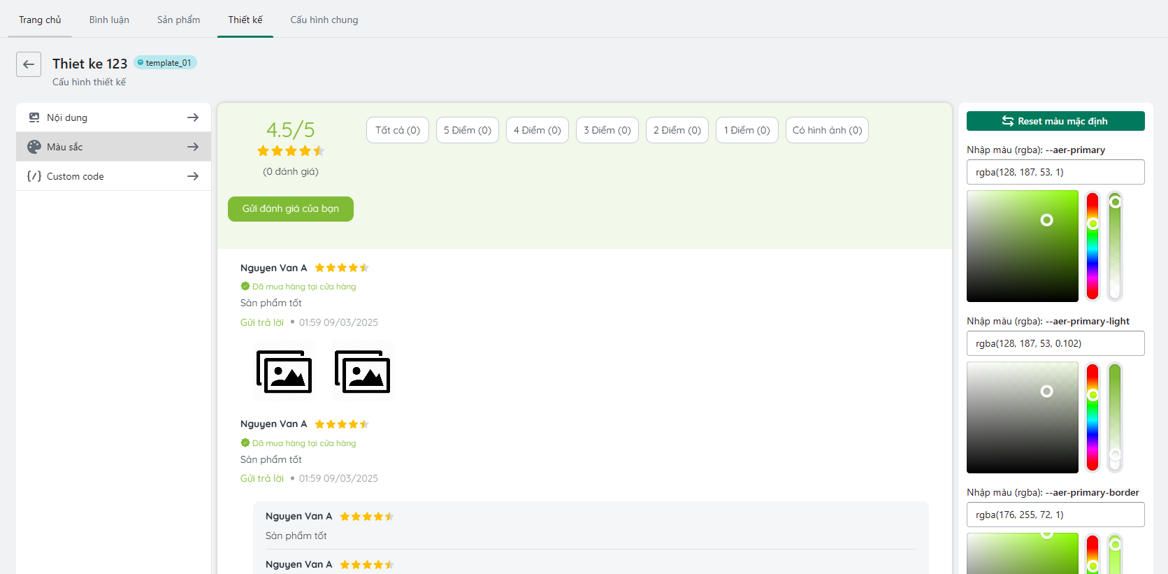 Trang cấu hình màu sắc