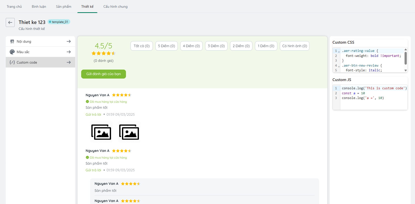 Trang cấu hình custom code