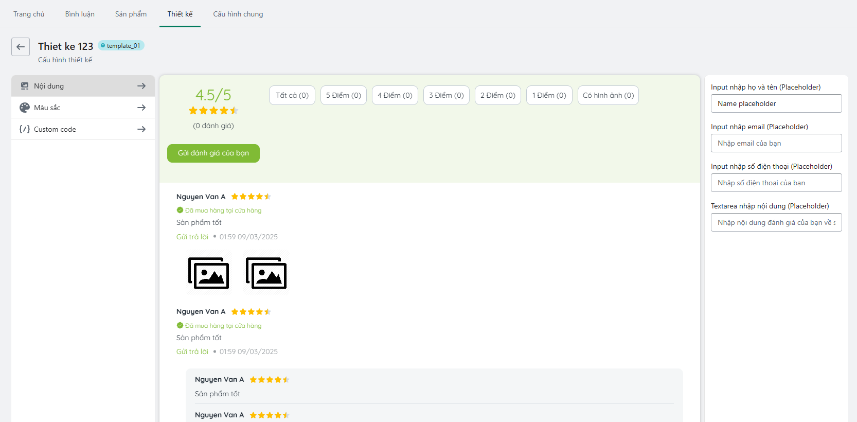 Trang cấu hình nội dung